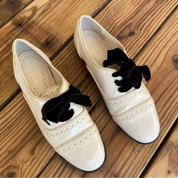 Tory Burch Haverport Oxfords Shoes Leather Classic Broguing &amp; Grosgrain Lace up
