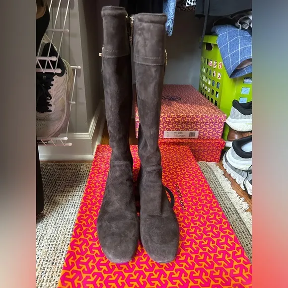 Tory Burch Selma Riding Boots in Soft Suede color Coconut