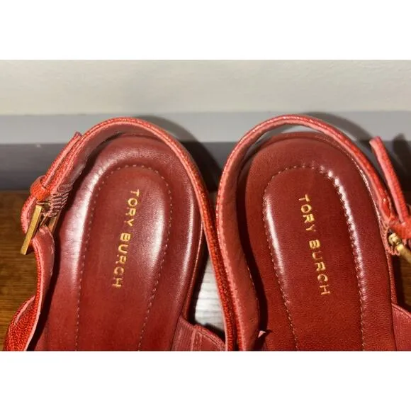 Tory Burch Sz 8 Women’s Eleanor Heel Sandal Red Leather Classic Authentic Shoes