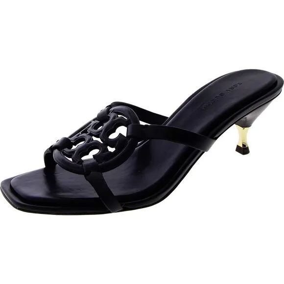 Tory Burch Womens Black Leather Slip On Casual Heels Shoes New