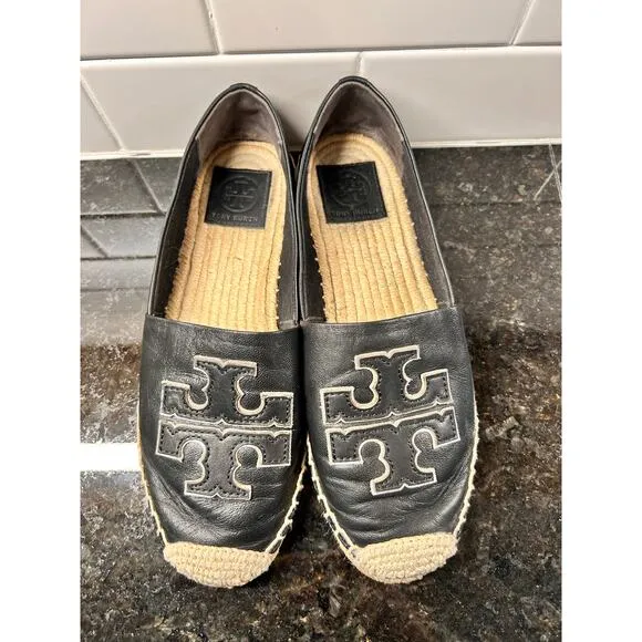 Tory Burch Women's Leather Espadrilles Flat Shoes Comfort Casual Black Size 7.5M