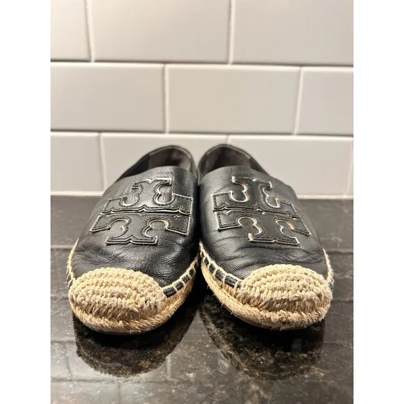 Tory Burch Women's Leather Espadrilles Flat Shoes Comfort Casual Black Size 7.5M