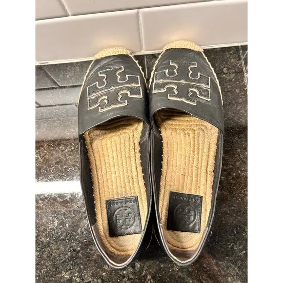 Tory Burch Women's Leather Espadrilles Flat Shoes Comfort Casual Black Size 7.5M