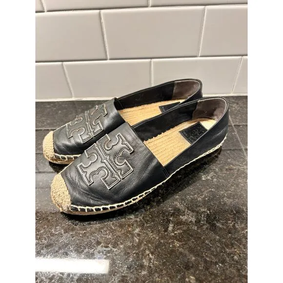Tory Burch Women's Leather Espadrilles Flat Shoes Comfort Casual Black Size 7.5M