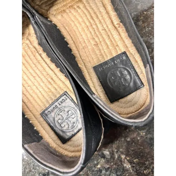Tory Burch Women's Leather Espadrilles Flat Shoes Comfort Casual Black Size 7.5M