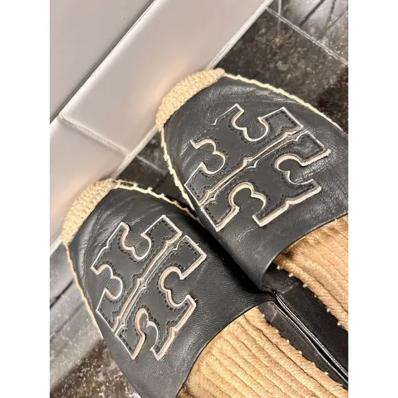 Tory Burch Women's Leather Espadrilles Flat Shoes Comfort Casual Black Size 7.5M