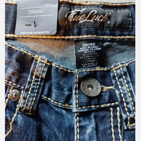 True Luck Men`s Straight Jeans Size 30x32 Embroidered Medium Wash Denim Blue