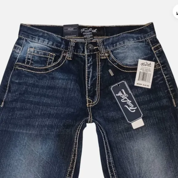 True Luck Men`s Straight Jeans Size 30x32 Embroidered Medium Wash Denim Blue