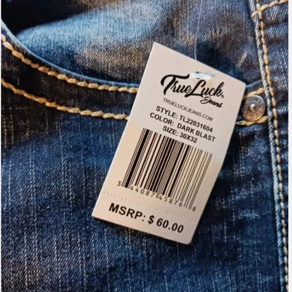 True Luck Men`s Straight Jeans Size 30x32 Embroidered Medium Wash Denim Blue