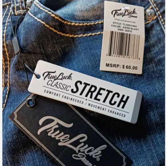 True Luck Men`s Straight Jeans Size 30x32 Embroidered Medium Wash Denim Blue