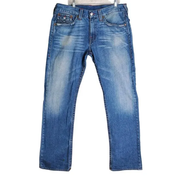 True Religion Blue Jeans Mens 36 Straight Leg Distressed Flap Pockets (38x34.5)