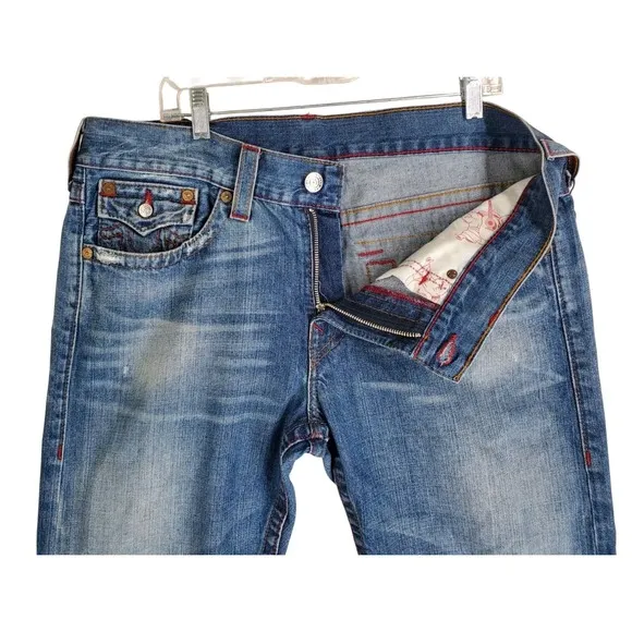 True Religion Blue Jeans Mens 36 Straight Leg Distressed Flap Pockets (38x34.5)