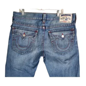 True Religion Blue Jeans Mens 36 Straight Leg Distressed Flap Pockets (38x34.5)