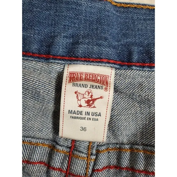 True Religion Blue Jeans Mens 36 Straight Leg Distressed Flap Pockets (38x34.5)