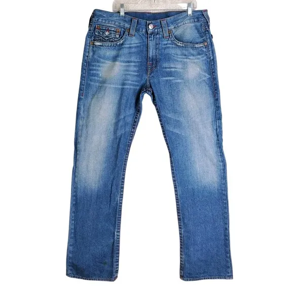 True Religion Blue Jeans Mens 36 Straight Leg Distressed Flap Pockets (38x34.5)