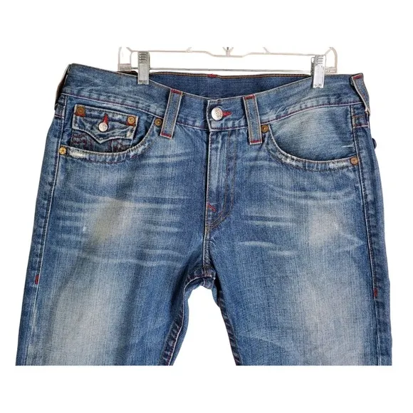 True Religion Blue Jeans Mens 36 Straight Leg Distressed Flap Pockets (38x34.5)