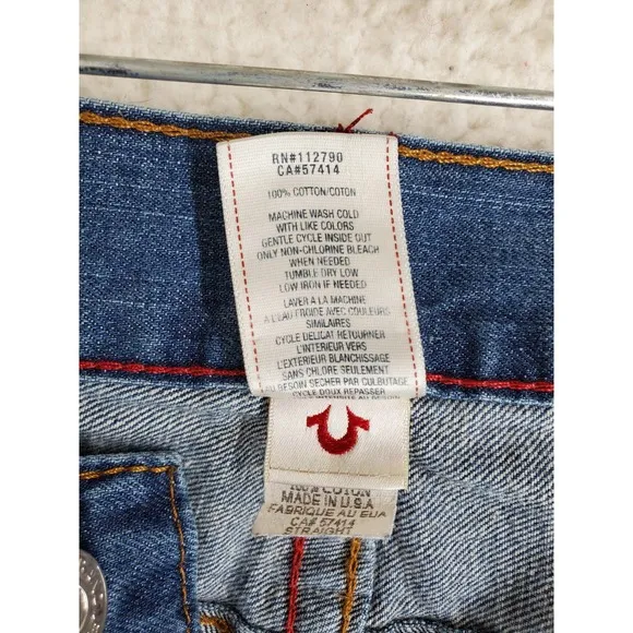 True Religion Blue Jeans Mens 36 Straight Leg Distressed Flap Pockets (38x34.5)