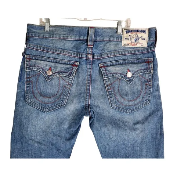 True Religion Blue Jeans Mens 36 Straight Leg Distressed Flap Pockets (38x34.5)