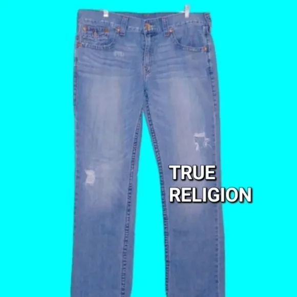 TRUE RELIGION Blue Jeans w/ Orange Stitch Detail, 38W,  32L