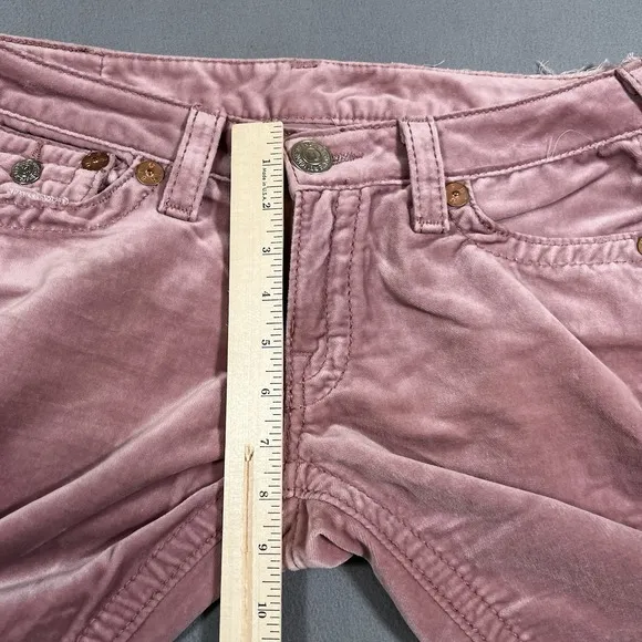 True Religion Joey Big T Velour Flare Leg Pants Sz 31x30 Pink Bootcut Flaps USA