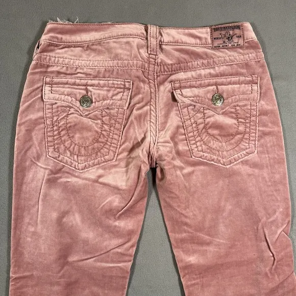 True Religion Joey Big T Velour Flare Leg Pants Sz 31x30 Pink Bootcut Flaps USA