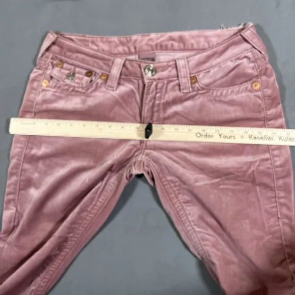 True Religion Joey Big T Velour Flare Leg Pants Sz 31x30 Pink Bootcut Flaps USA