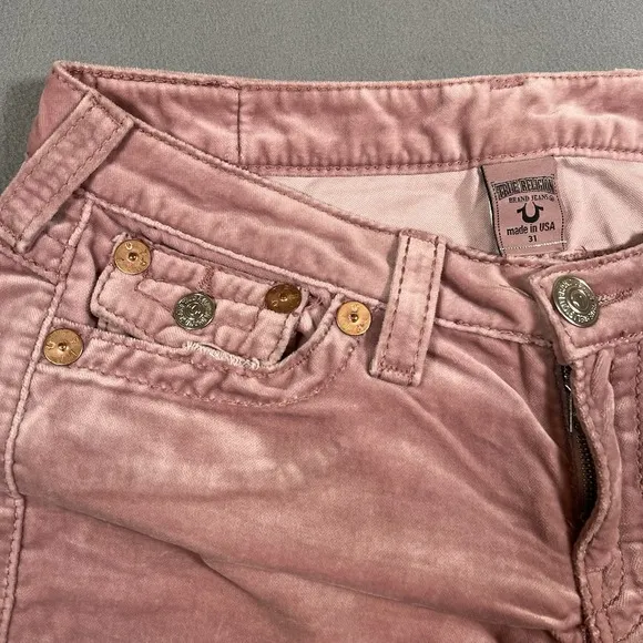 True Religion Joey Big T Velour Flare Leg Pants Sz 31x30 Pink Bootcut Flaps USA
