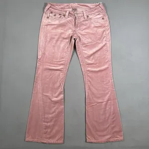 True Religion Joey Big T Velour Flare Leg Pants Sz 31x30 Pink Bootcut Flaps USA