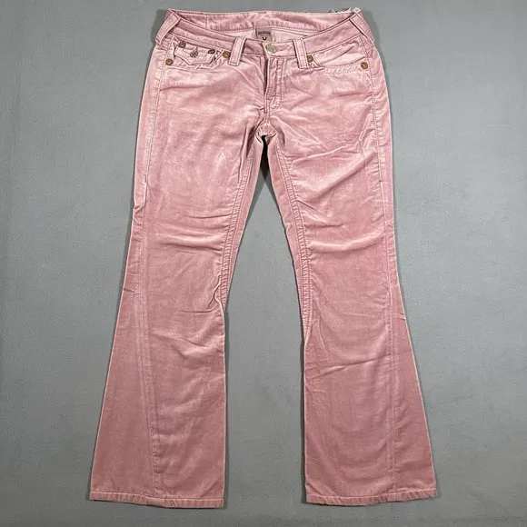 True Religion Joey Big T Velour Flare Leg Pants Sz 31x30 Pink Bootcut Flaps USA