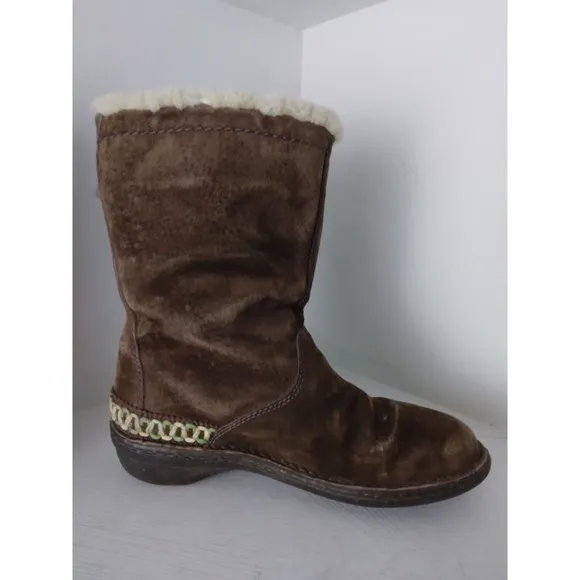 UGG 5183 Kona Dark Brown Leather Sheepskin Elastic Toggle Boots Women's Size 7