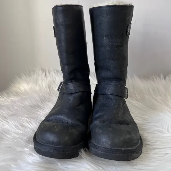 UGG Australia Boots Moto Black Leather Women Size 8