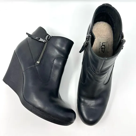 UGG Australia Meredith Womens Black Leather Wedge Ankle Boots