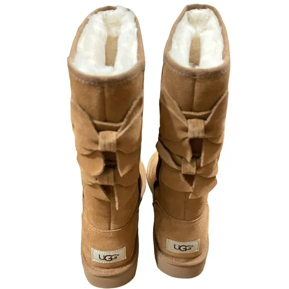 Ugg Boots Allegra Bow Chestnut Boots Womens Size 5 Suede Sheepskin Shearling