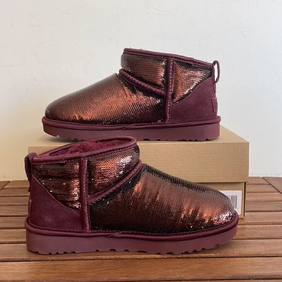 UGG Classic Ultra Mini Mirror Ball Sequins Boots Wild Grape US Women 7/UK 5/EU38