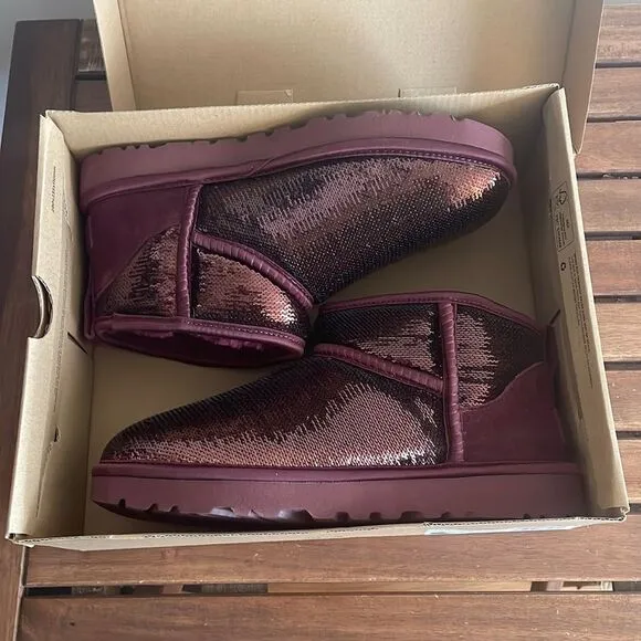 UGG Classic Ultra Mini Mirror Ball Sequins Boots Wild Grape US Women 7/UK 5/EU38