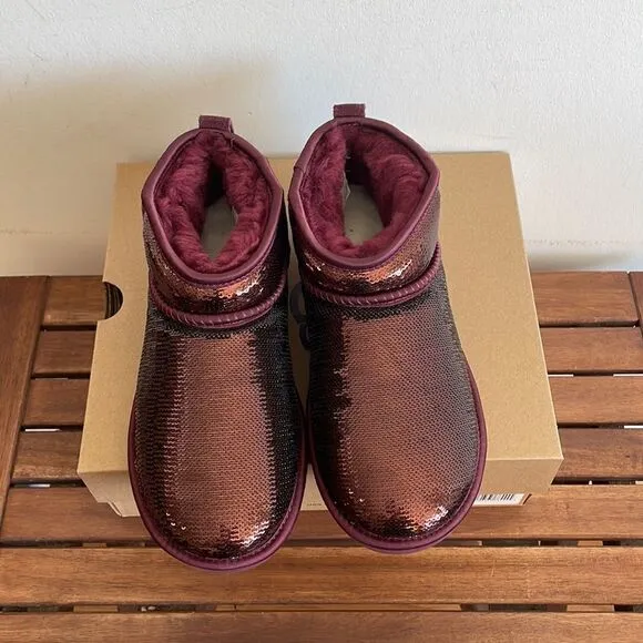 UGG Classic Ultra Mini Mirror Ball Sequins Boots Wild Grape US Women 7/UK 5/EU38