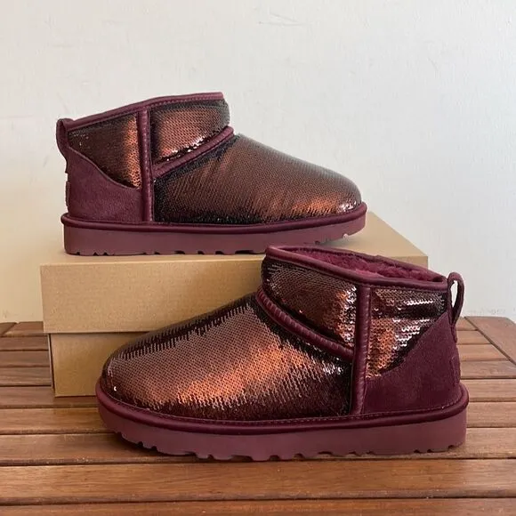 UGG Classic Ultra Mini Mirror Ball Sequins Boots Wild Grape US Women 7/UK 5/EU38
