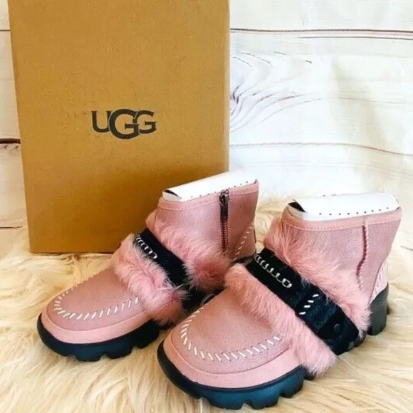 UGG FLUFF PUNK ankle WOMEN BOOTS SUEDE PINK CRYSTAL US 5