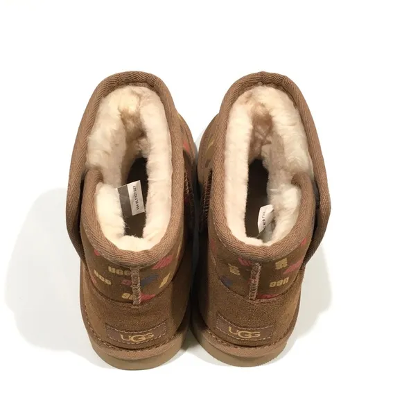 UGG JONA CONFETTI LOGO MINI BOOTS -CHESTNUT SUEDE -UGGPURE LINED -BIG KIDS US 3