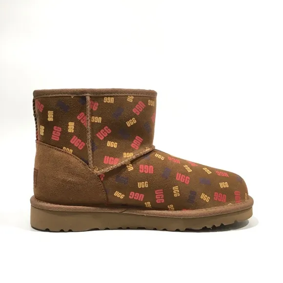 UGG JONA CONFETTI LOGO MINI BOOTS -CHESTNUT SUEDE -UGGPURE LINED -BIG KIDS US 3