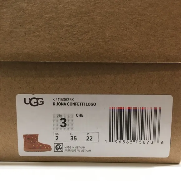 UGG JONA CONFETTI LOGO MINI BOOTS -CHESTNUT SUEDE -UGGPURE LINED -BIG KIDS US 3