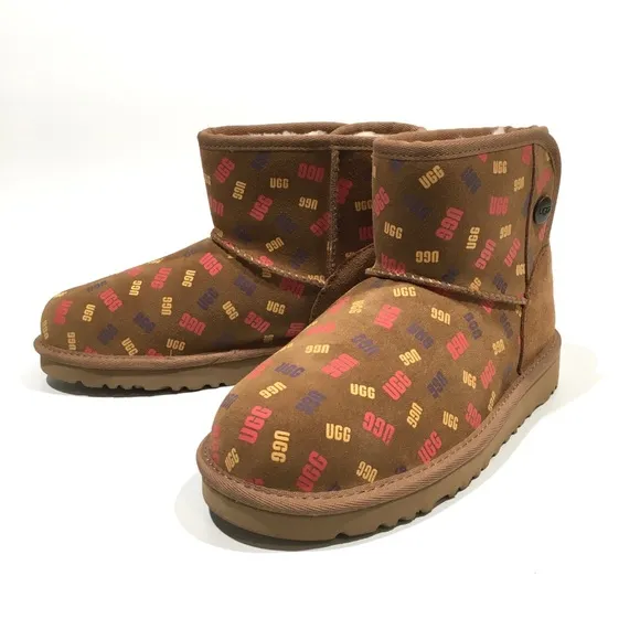 UGG JONA CONFETTI LOGO MINI BOOTS -CHESTNUT SUEDE -UGGPURE LINED -BIG KIDS US 3