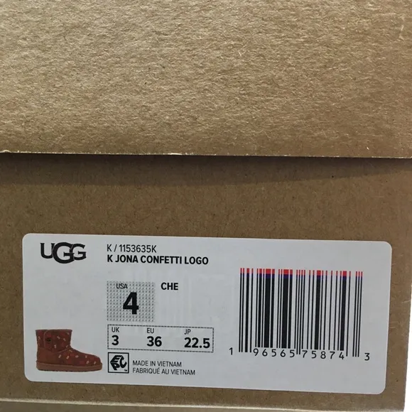 UGG JONA CONFETTI LOGO MINI BOOTS -CHESTNUT SUEDE -UGGPURE LINED -BIG KIDS US 4