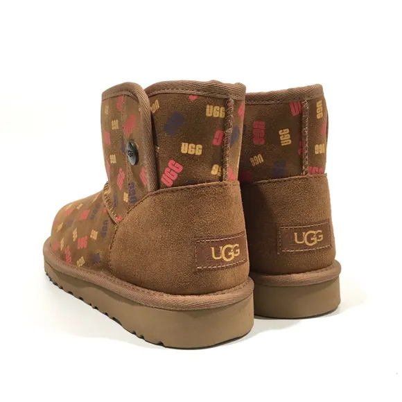 UGG JONA CONFETTI LOGO MINI BOOTS -CHESTNUT SUEDE -UGGPURE LINED -BIG KIDS US 4