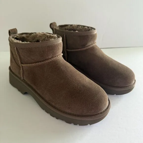 UGG Kids Classic Ultra Mini New Heights Suede Upper Pull Tab Hickory 6 -Big Kid