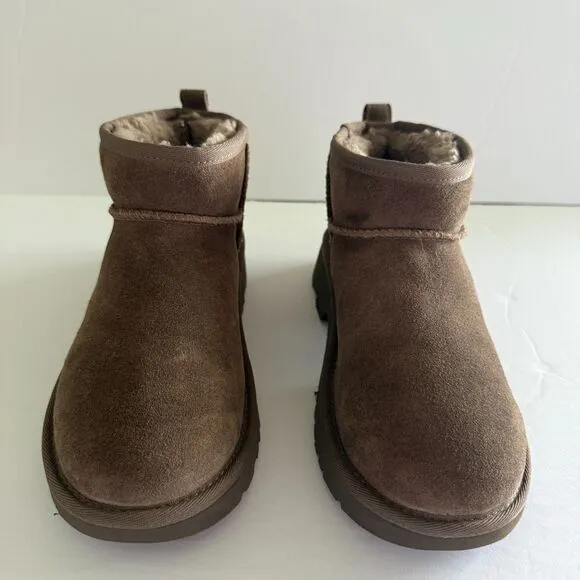UGG Kids Classic Ultra Mini New Heights Suede Upper Pull Tab Hickory 6 -Big Kid