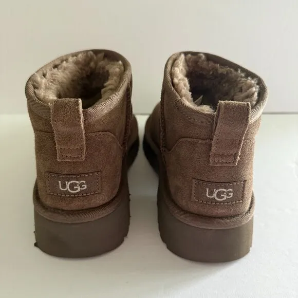 UGG Kids Classic Ultra Mini New Heights Suede Upper Pull Tab Hickory 6 -Big Kid