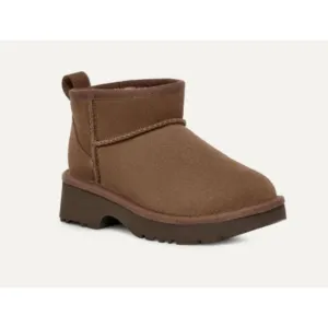 UGG Kids Classic Ultra Mini New Heights Suede Upper Pull Tab Hickory 6 -Big Kid
