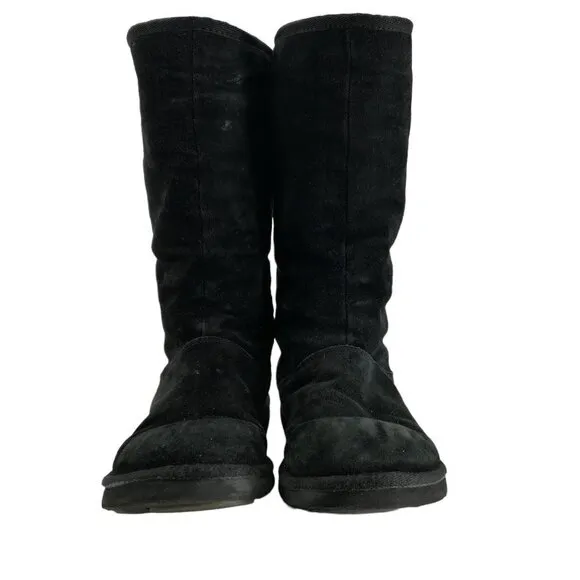Ugg Knightsbridge Zip Up Calf Suede Leather Boots Size 8 Black Sheepskin