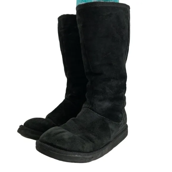 Ugg Knightsbridge Zip Up Calf Suede Leather Boots Size 8 Black Sheepskin